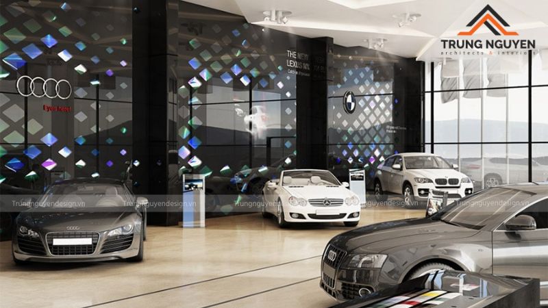 Không gian showroom hoàn thiện với lớp hoàn thiện cao cấp và ánh sáng chuyên dụng