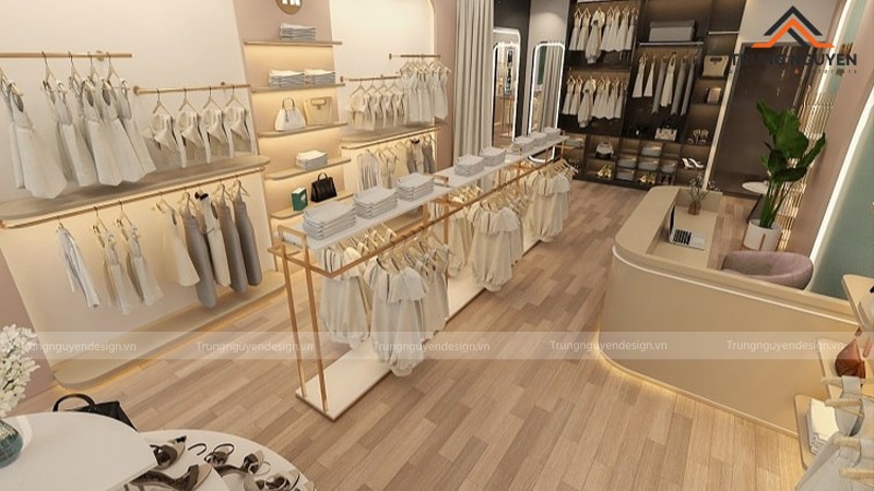 Shop thời trang nhỏ xinh theo phong cách Hàn Quốc với tông màu be và các chi tiết gỗ mộc mạc