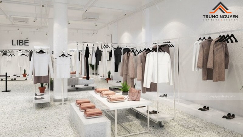 Shop thời trang phong cách Tối giản với gam màu trắng chủ đạo và nội thất gọn gàng