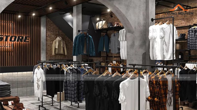 Shop thời trang phong cách công nghiệp với tường gạch thô và hệ đèn thả trần