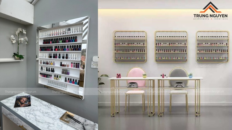 Tủ kệ lưu trữ cao kịch trần được thiết kế riêng cho một tiệm nail nhỏ, giúp không gian gọn gàng tuyệt đối