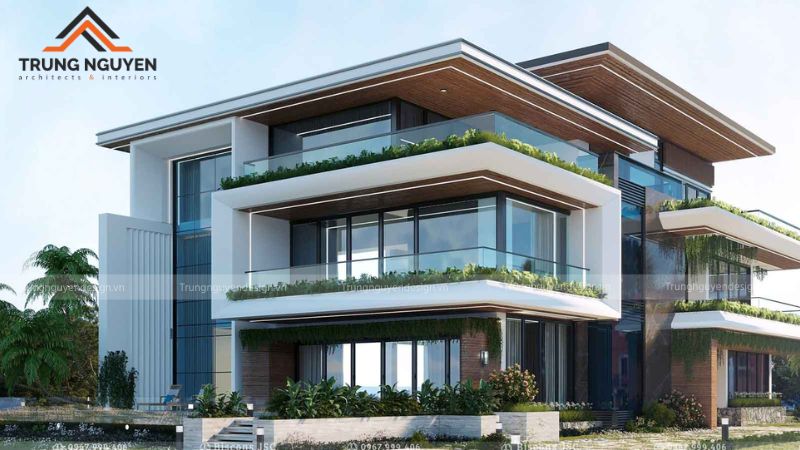 Biệt thự mái bằng hiện đại với khối kiến trúc vuông vức