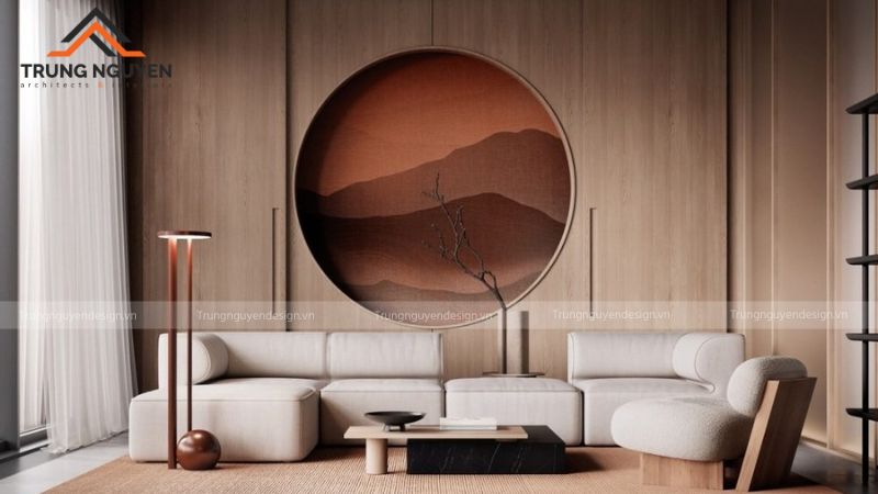 Phòng khách Japandi với sofa thấp màu xám ấm và bàn trà gỗ mộc mạc