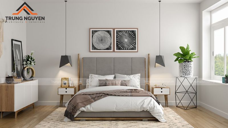 Phòng ngủ Scandinavian tối giản với giường gỗ tự nhiên và ánh sáng dịu nhẹ