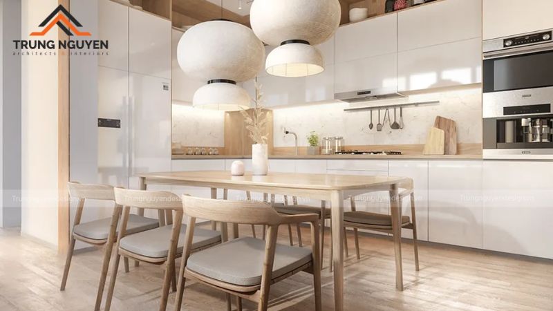 Không gian bếp Scandinavian sáng sủa, ngăn nắp với tủ trắng và mặt đá