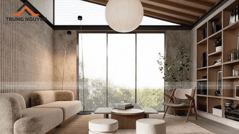 Khung cửa sổ lớn đón ánh sáng tự nhiên, làm nổi bật kết cấu vật liệu
