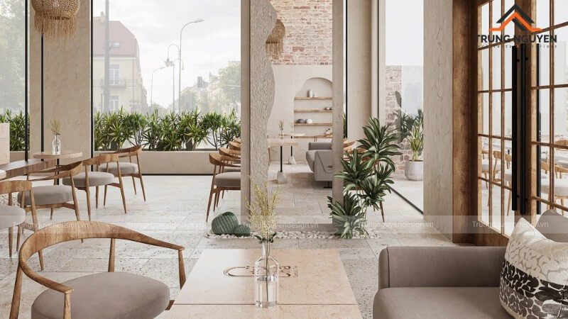 Cân bằng không gian cho khách và khu vực vận hàng là quy tắc vàng trong thiết kế quán cafe Wabi-Sabi