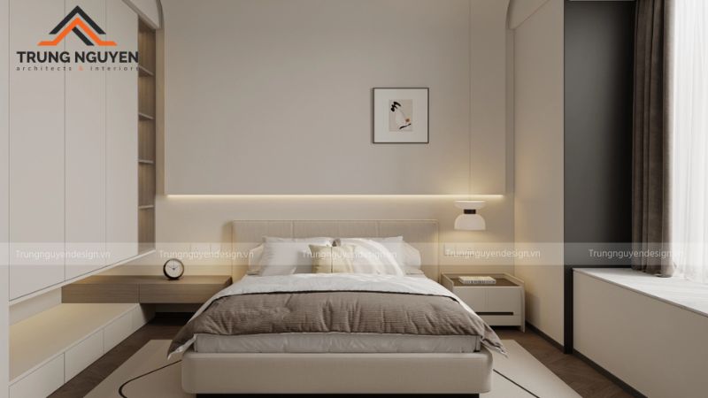 Phòng ngủ Wabi-Sabi với giường gỗ thấp và chăn ga linen màu trung tính