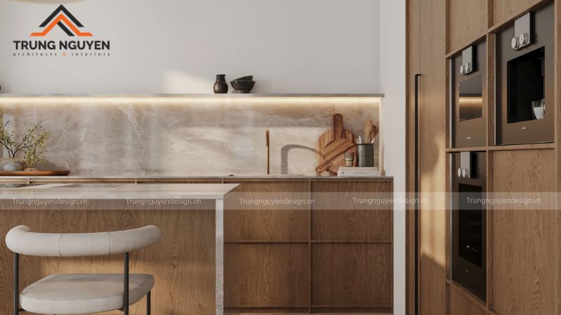 Thiết kế bếp Wabi-Sabi thể hiện rõ sự trầm mặc khác biệt với phong cách Japandi