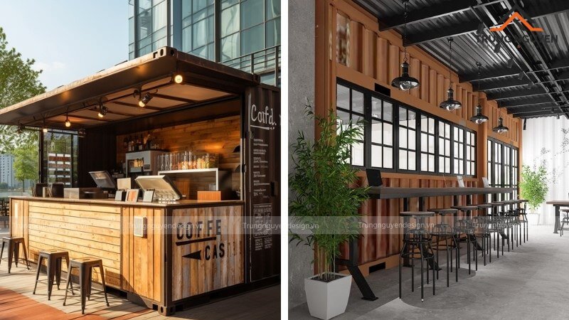 Quán cafe container có thiết kế đơn giản, hiện đại, làm nổi bật kết cấu đặc trưng của thùng container