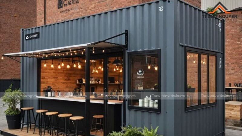 Nội thất quán cafe container phong cách Industrial với tường gạch thô và nội thất kim loại