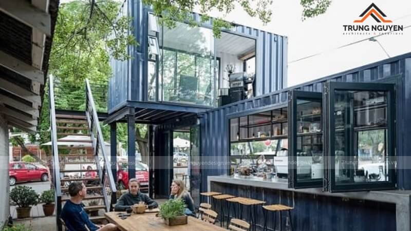 Mô hình quán cafe container 2 tầng với thiết kế ban công độc đáo