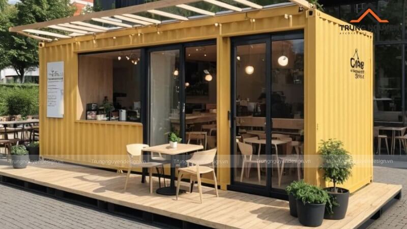 Nội thất quán cafe container sử dụng gương lớn và bàn ghế chân mảnh để tạo cảm giác rộng rãi