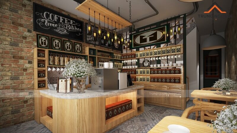 Quầy bar cafe nhỏ được tối ưu không gian tích hợp kệ treo và thiết bị nhỏ gọn