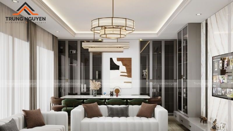 Mẫu trần thạch cao giật cấp kết hợp đèn giúp tăng chiều sâu và tạo điểm nhấn