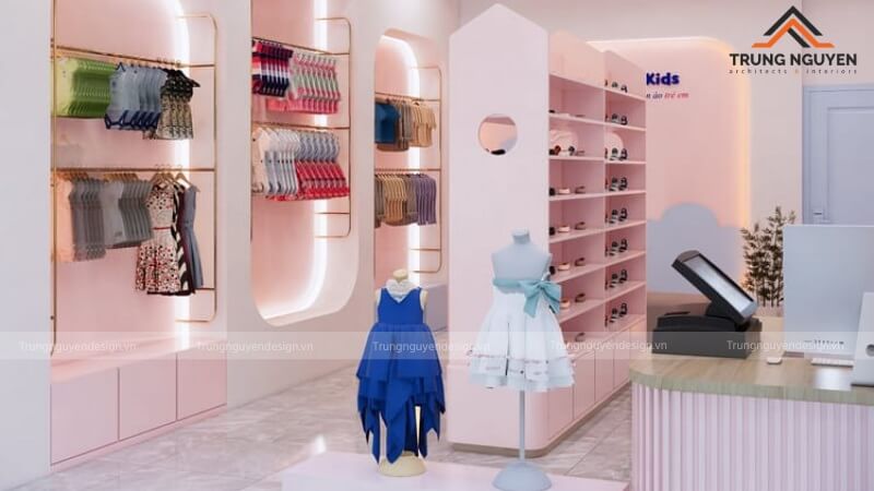 Một shop thời trang trẻ em diện tích nhỏ nhưng được bố trí gọn gàng, khoa học