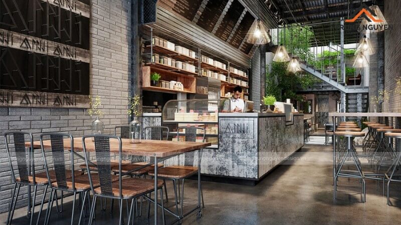 Một góc không gian quán cafe phong cách công nghiệp