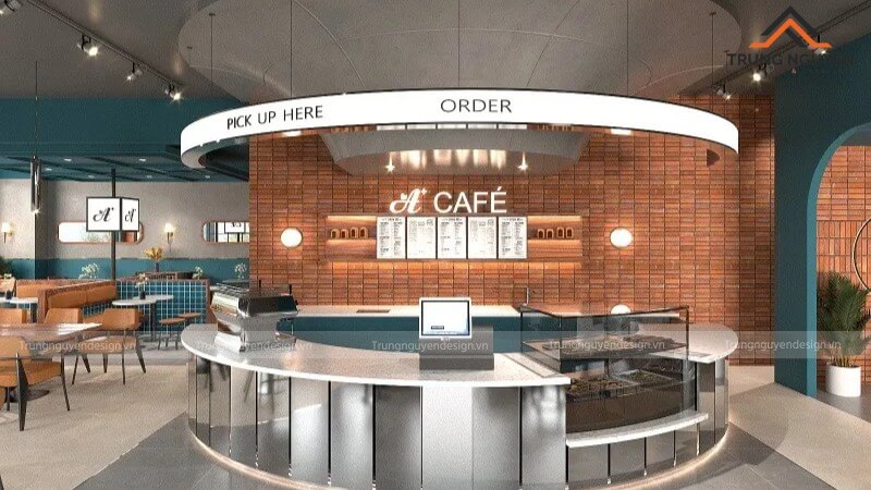 Khu vực quầy bar sạch sẽ, hiện đại của một dự án quán cafe với vật liệu inox và đá dễ vệ sinh