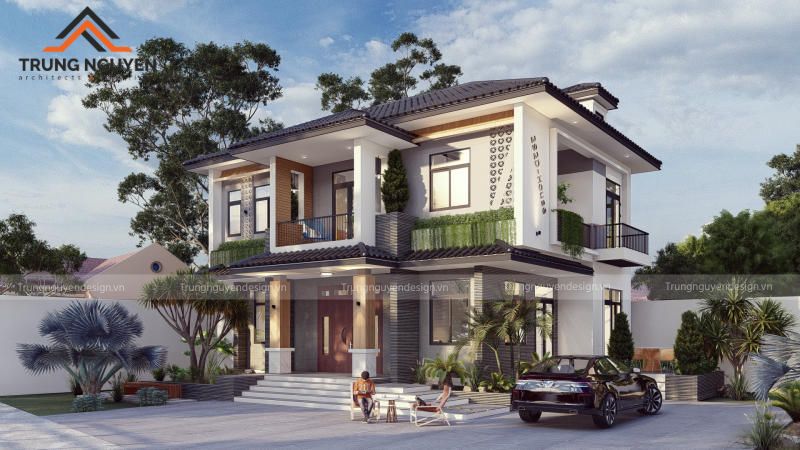 Thiết kế mái dốc nhẹ, xếp lớp tinh tế tạo điểm nhấn cho biệt thự 2 tầng.
