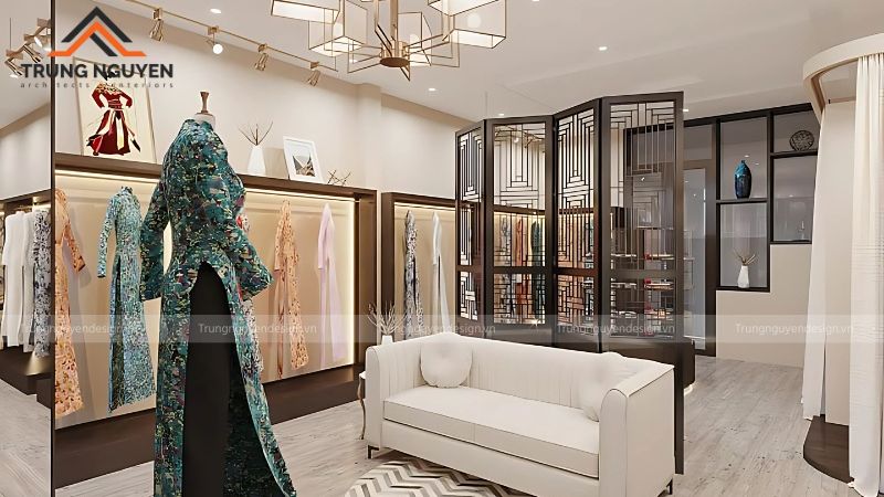 Cửa hàng áo dài được trang trí hài hòa bằng đèn chùm