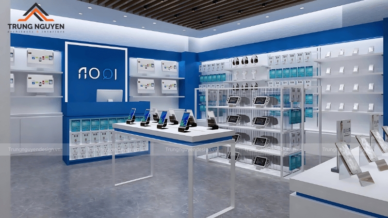 Khu vực bàn trải nghiệm sản phẩm công nghệ trong một showroom