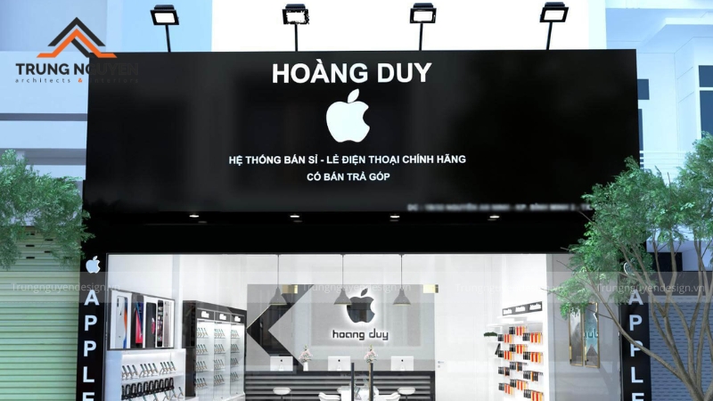 Mặt tiền showroom điện thoại với biển hiệu quảng cáo lớn