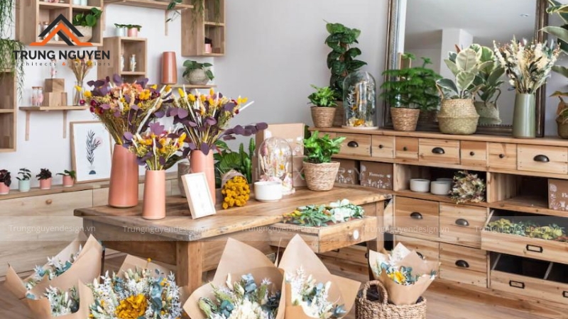 Không gian shop hoa phong cách Vintage với đồ nội thất gỗ sẫm màu