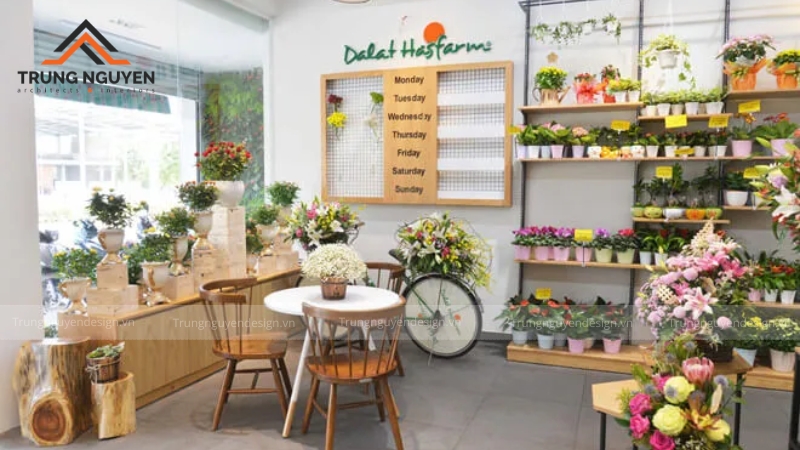 Thiết kế shop hoa tối giản với gam màu đơn sắc