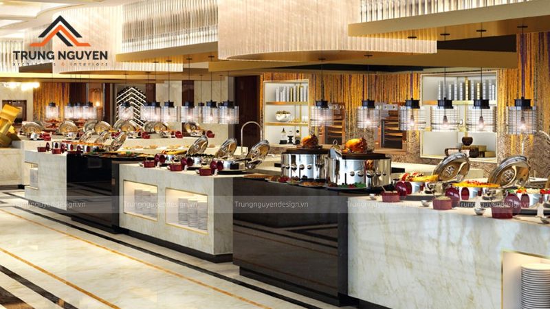 Không gian buffet sang trọng với đá marble và kim loại mạ vàng nổi bật