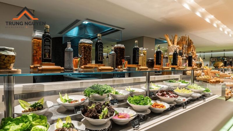 Việc chọn vật liệu bền giúp nhà hàng buffet tiết kiệm chi phí sửa chữa, nâng cao tuổi thọ nội thất