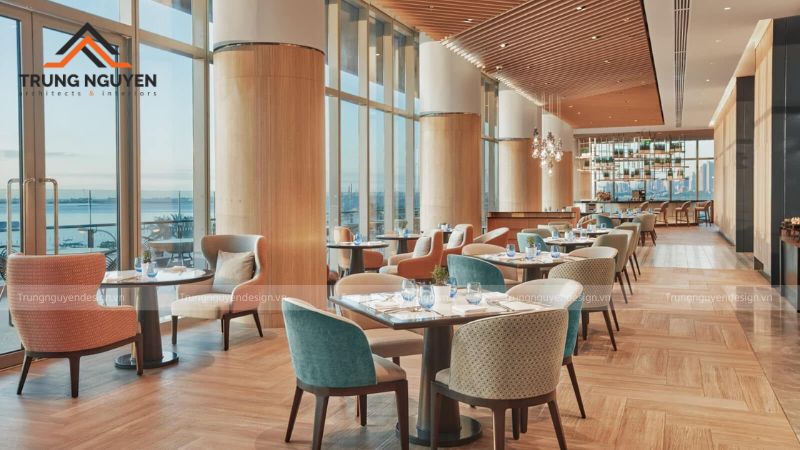 Không gian buffet mang phong cách hiện đại với đường nét đơn giản và màu sắc trung tính
