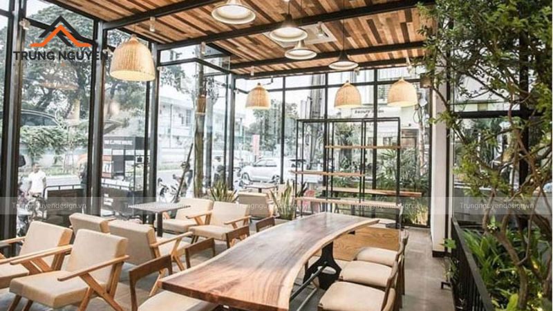 Nhà hàng khung thép phong cách hiện đại với vách kính lớn tận dụng ánh sáng tự nhiên