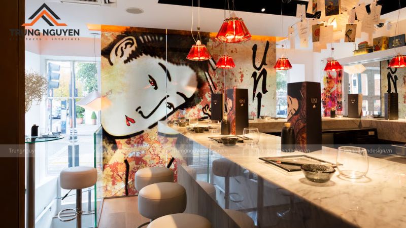 Không gian nhà hàng sushi phong cách tối giản với nội thất gỗ sáng và thiết kế hiện đại