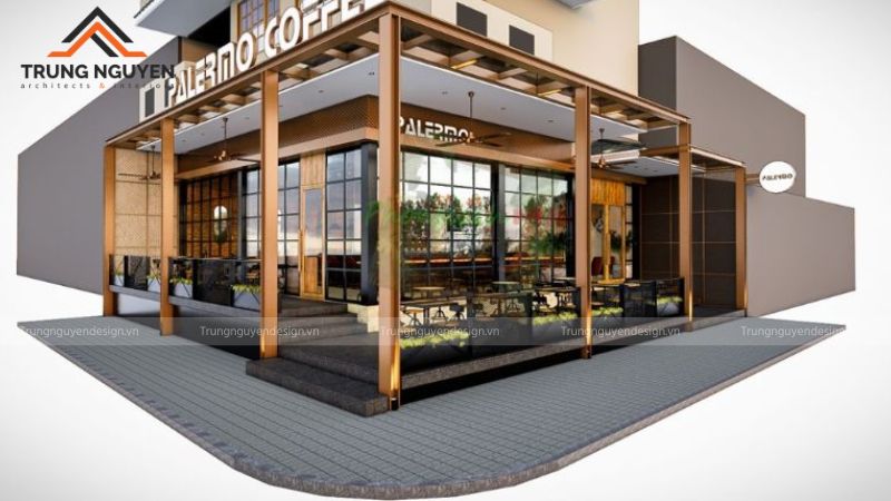 Mặt tiền quán cafe nổi bật với khung thép, kính lớn