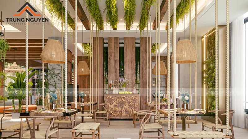 Cây xanh giúp không gian quán cafe trở nên trong lành và tràn đầy sức sống