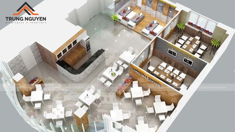 Bản vẽ phối cảnh 3D quán cafe giúp khách hàng hình dung không gian trước khi thi công
