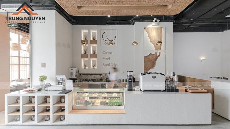 Thiết kế khu vực đón khách tầng 1 của quán cafe với luồng di chuyển hợp lý