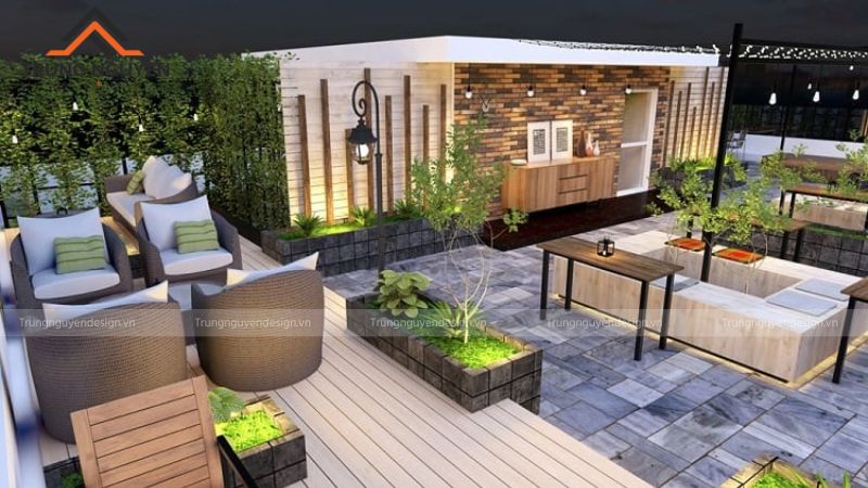 “Thiết kế quán cafe 2 tầng có sân thượng ngoài trời với cây xanh và đèn treo trang trí