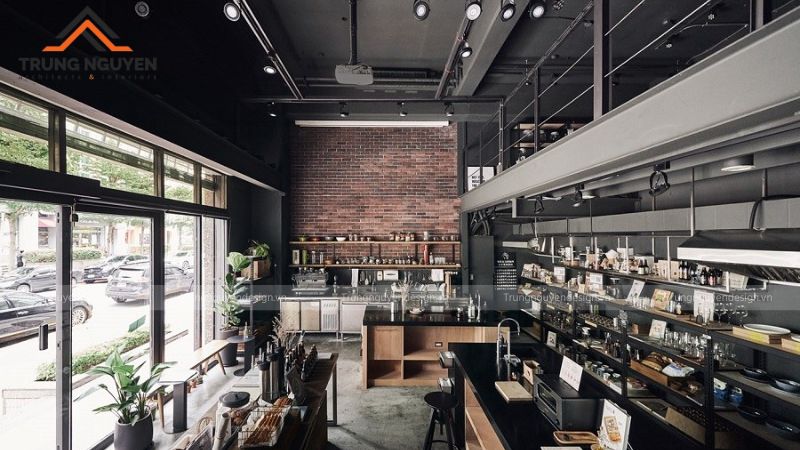 Thiết kế quán cafe phong cách công nghiệp với tường gạch thô, trần bê tông