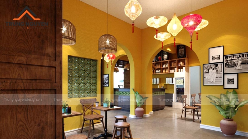 Không gian nội thất quán cafe Hội An với bức tường vàng nghệ ấm áp