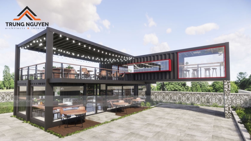 Quán cafe khung thép 2 tầng phong cách Hiện đại