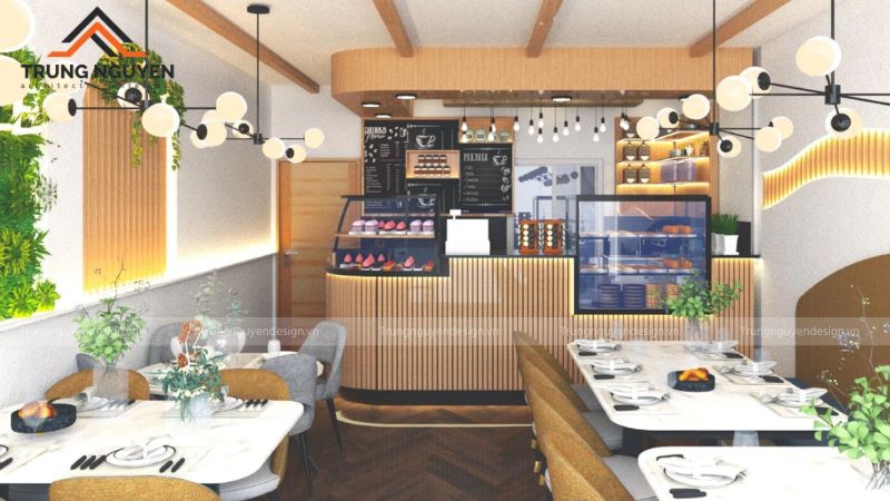 Không gian quán cafe phong cách hiện đại với đường nét gọn gàng