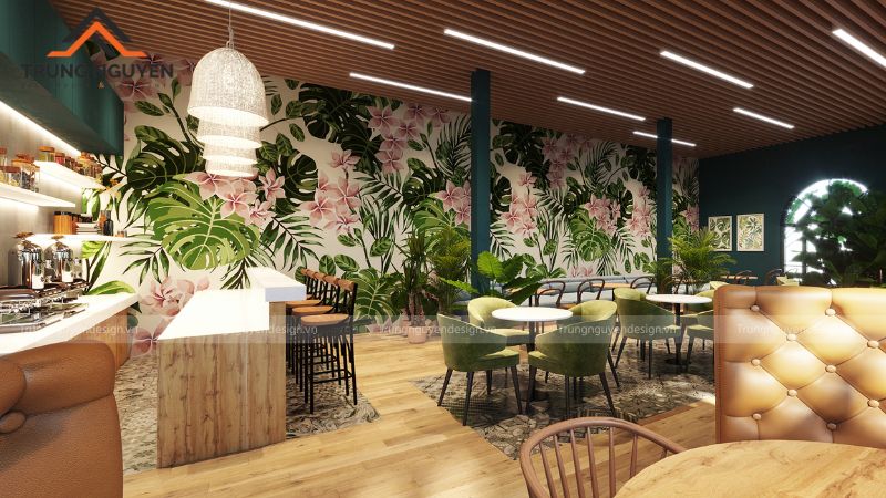 Không gian quán cafe máy lạnh kết hợp cây xanh tạo cảm giác thư thái và trong lành
