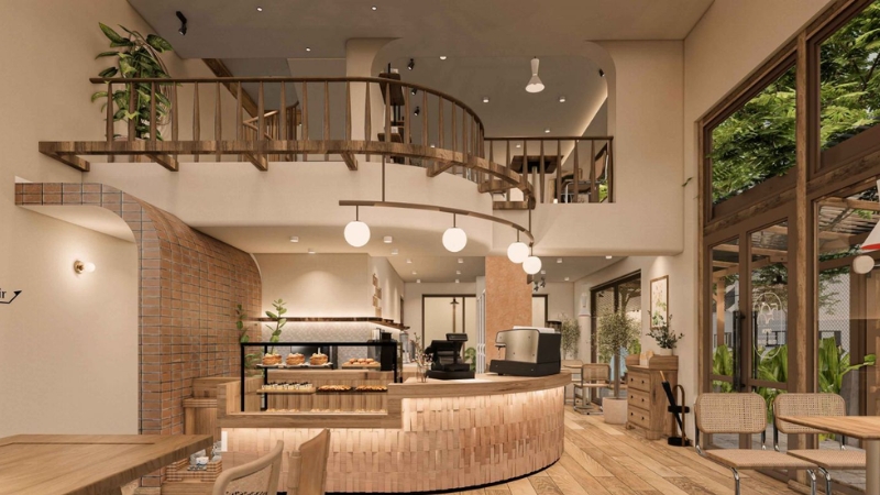 Quán cafe phong cách Mộc Hiện Đại với tường bê tông, nội thất gỗ đường nét thanh mảnh