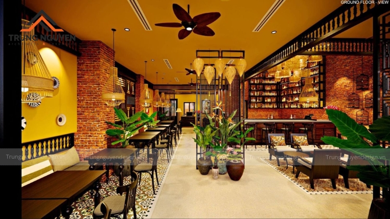 Quán cafe Mộc Indochine với sàn gạch bông, bàn ghế gỗ và các chi tiết trang trí mang hơi thở Á Đông
