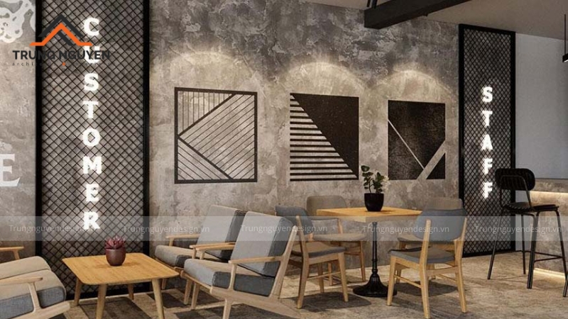 Không gian cafe mộc tối giản với gam màu trung tính chủ đạo, nội thất đơn giản