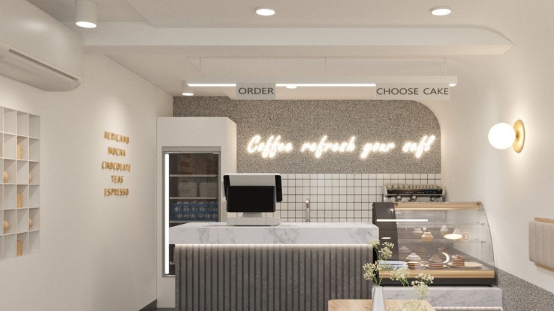 Quán cafe phong cách tối giản với gam màu xám chủ đạo
